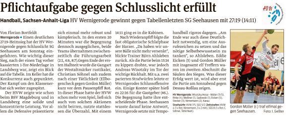 Volksstimme Bericht zum Spiel der 1. Mannschaft gegen Seehausen